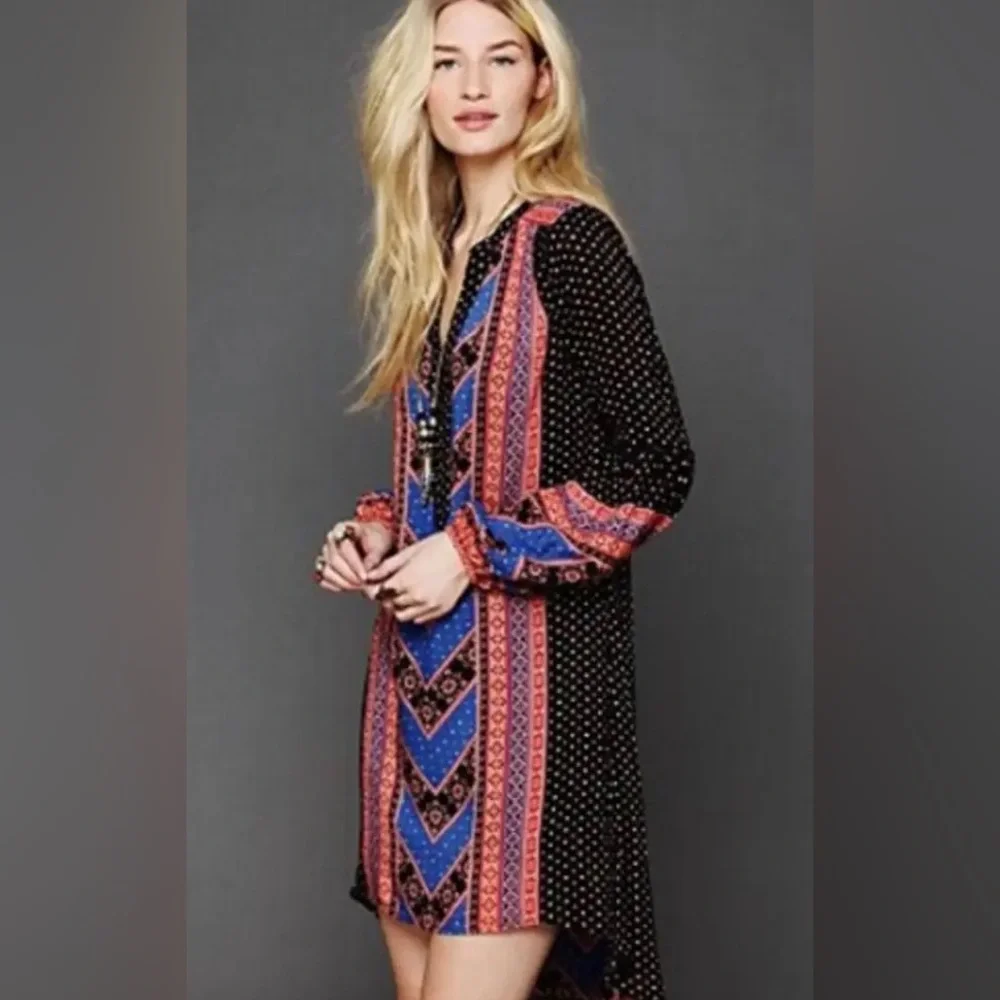 Free People Boho Print Tunic Mini Dress Hi Low Long Sleeve Size XS